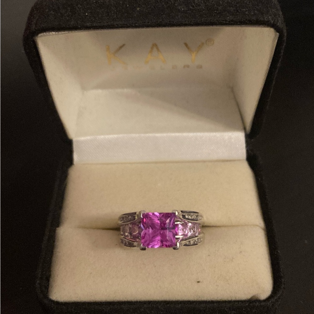 White gold, pink sapphire, and diamond ring
